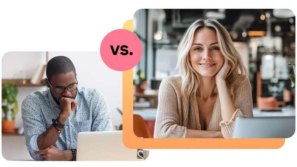 Split image of a man and woman working at laptops with